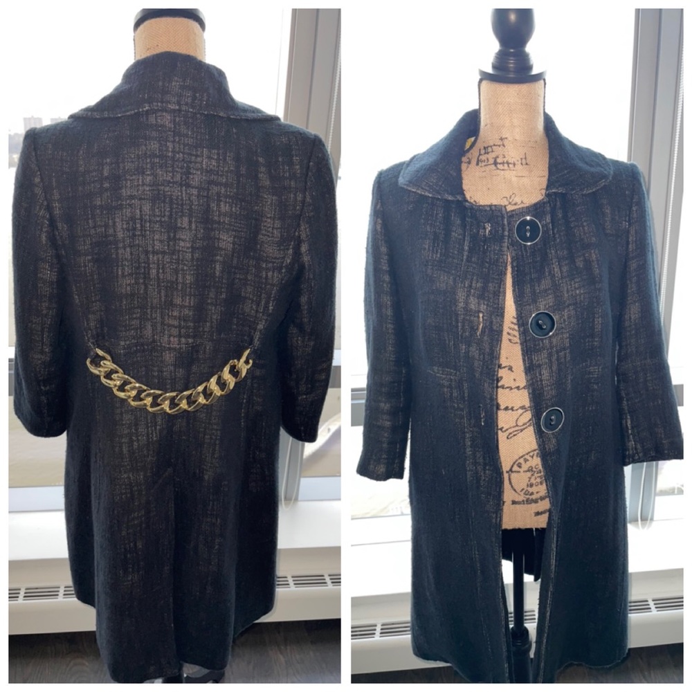 Milly black cotton-linen coat w/gold chain Size 8
